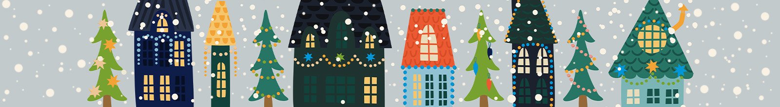 Light Up BWG promo graphic, featuring row of homes and trees with lights and snow