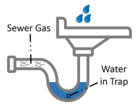 Illustration of sink and drain with expected drain trap water level