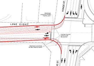 Engineering drawing showing improvements for Line 8/Barrie Street intersection