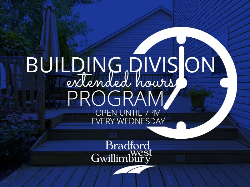 Extended Hours Program Banner, reading "Building Division Extended Hours Program, Open until 7pm every Wednesday