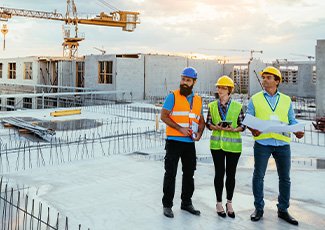 Employees working on construction site, wearing protective equipment and discussing the project