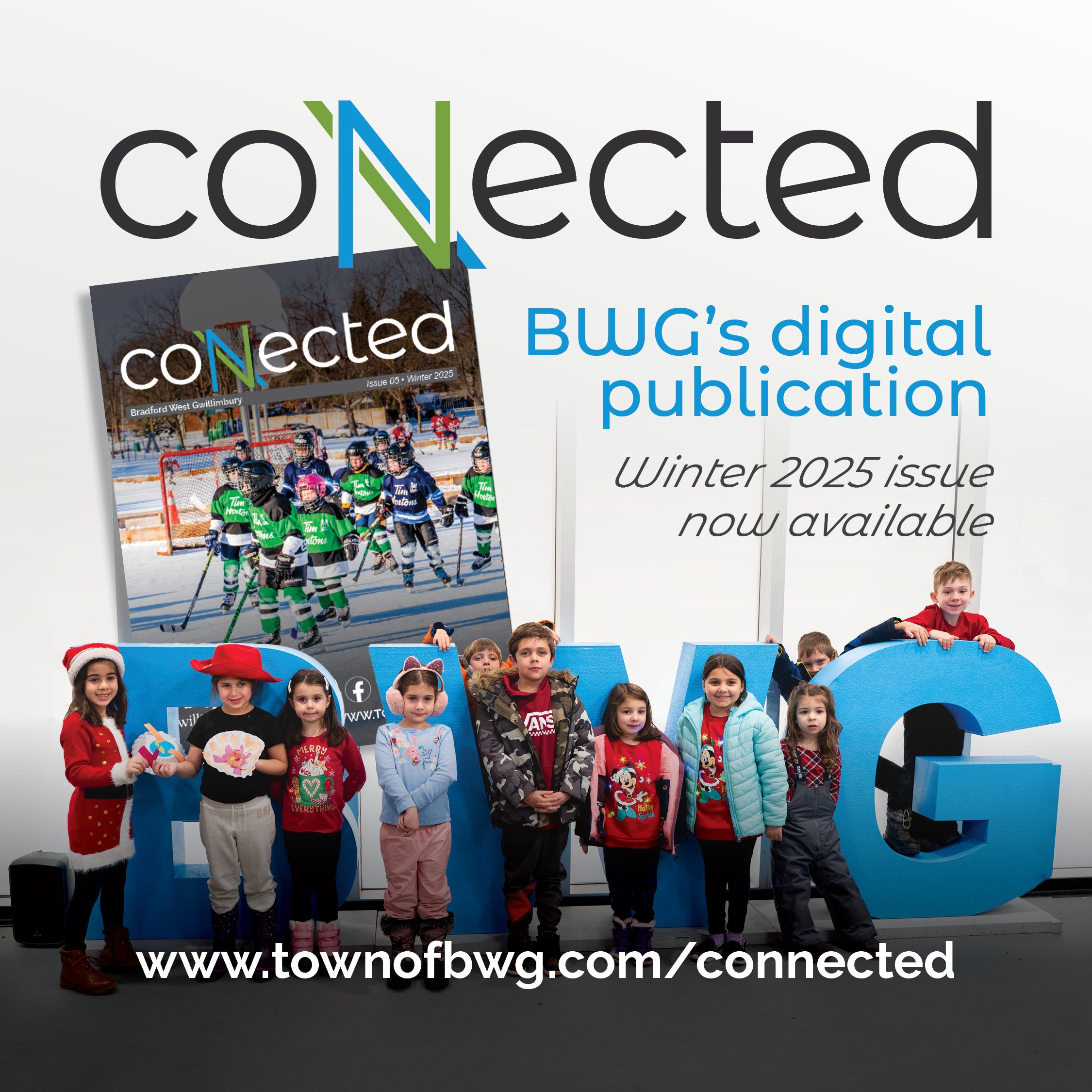 Kids in front of BWG sign with winter clothes on and the cover of Winter Connected 2025 Kids in front of BWG sign with winter clothes on and the cover of Winter Connected 2025