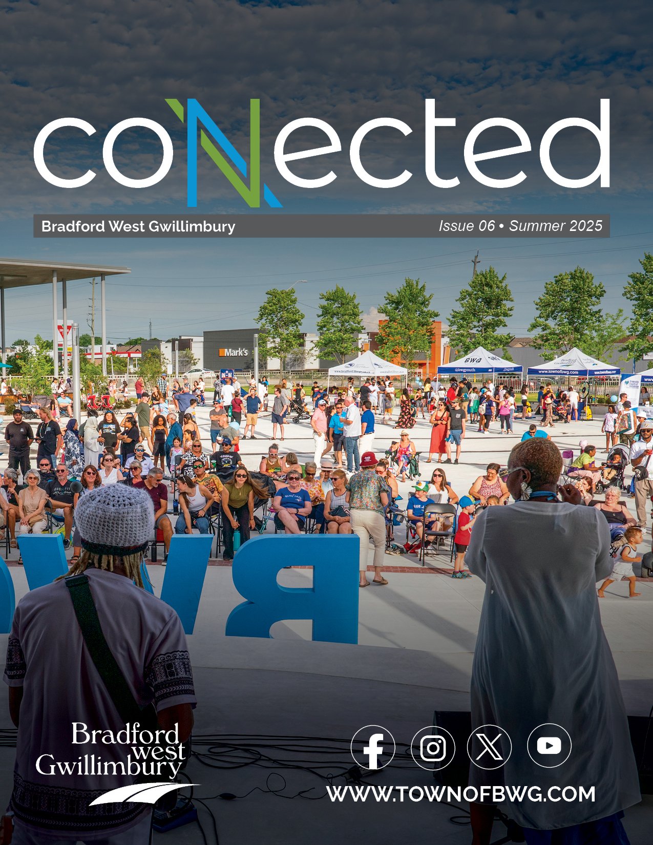 Summer 2025 Connected cover photo featuring kids playing in the water feature at the new Public Square
