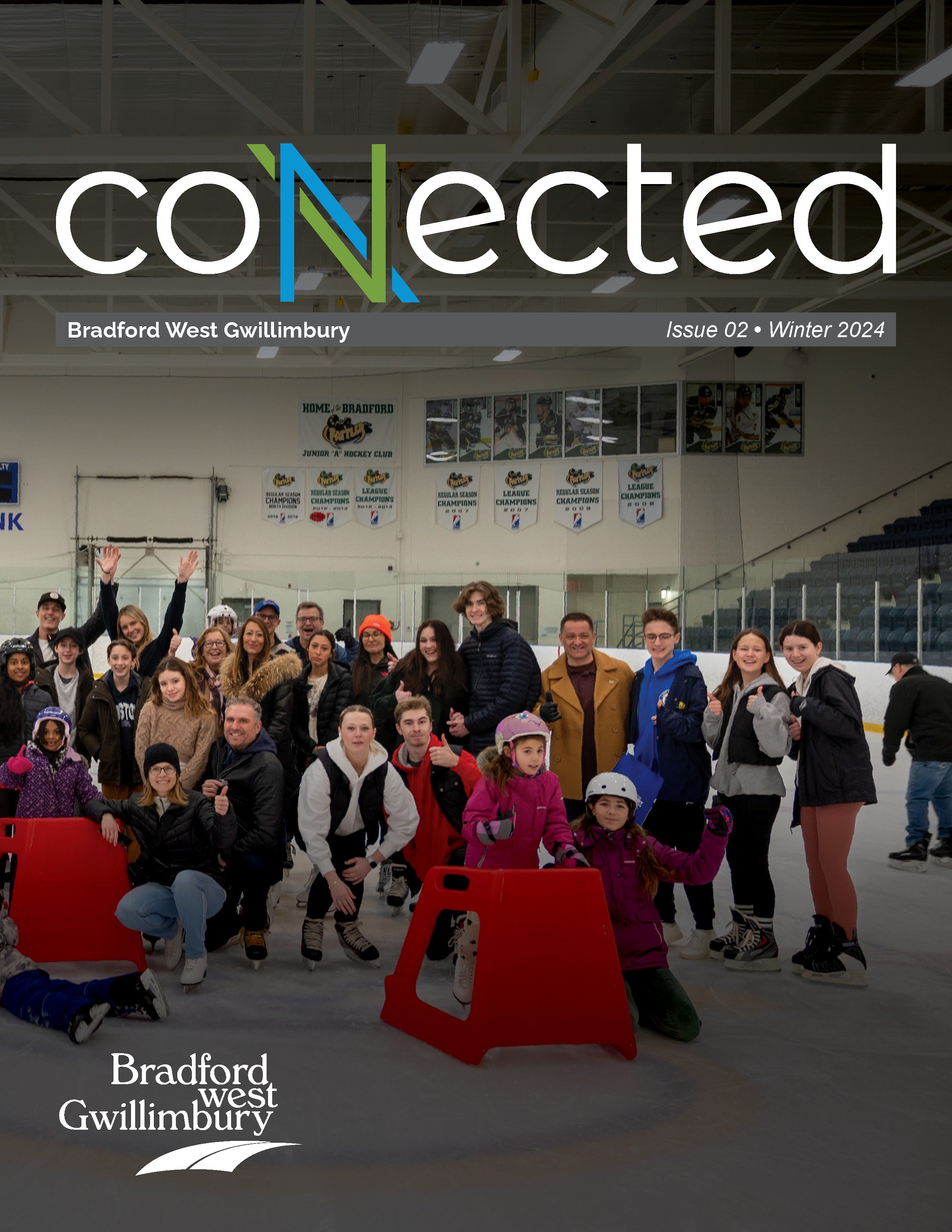 Winter 2024 Connected cover photo featuring photo of residents and Council skating at the Paul Dossey Rink