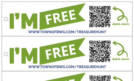 Screen shot of free labels, including "I'm free" and a QR code to BWG's treasure hunt webpage