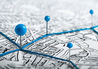 Map with blue pins on it