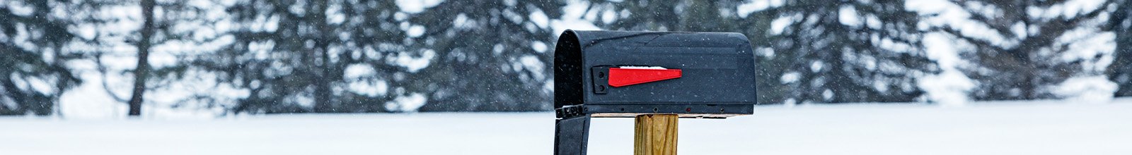 Mailbox with a bright red notification flag on a wooden post alongside a remote rural road during a winter snow storm