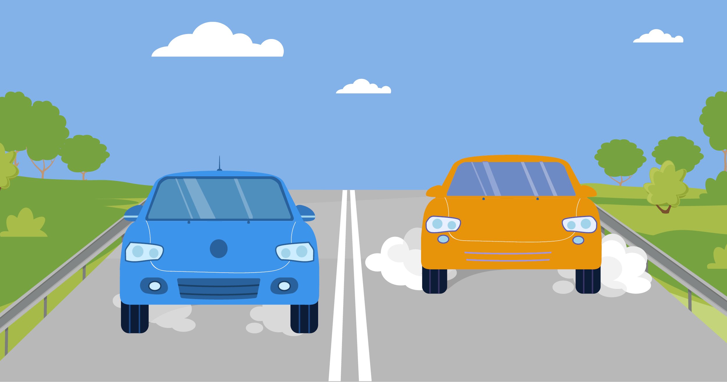 Image of two cars on the road with a blue sky background 