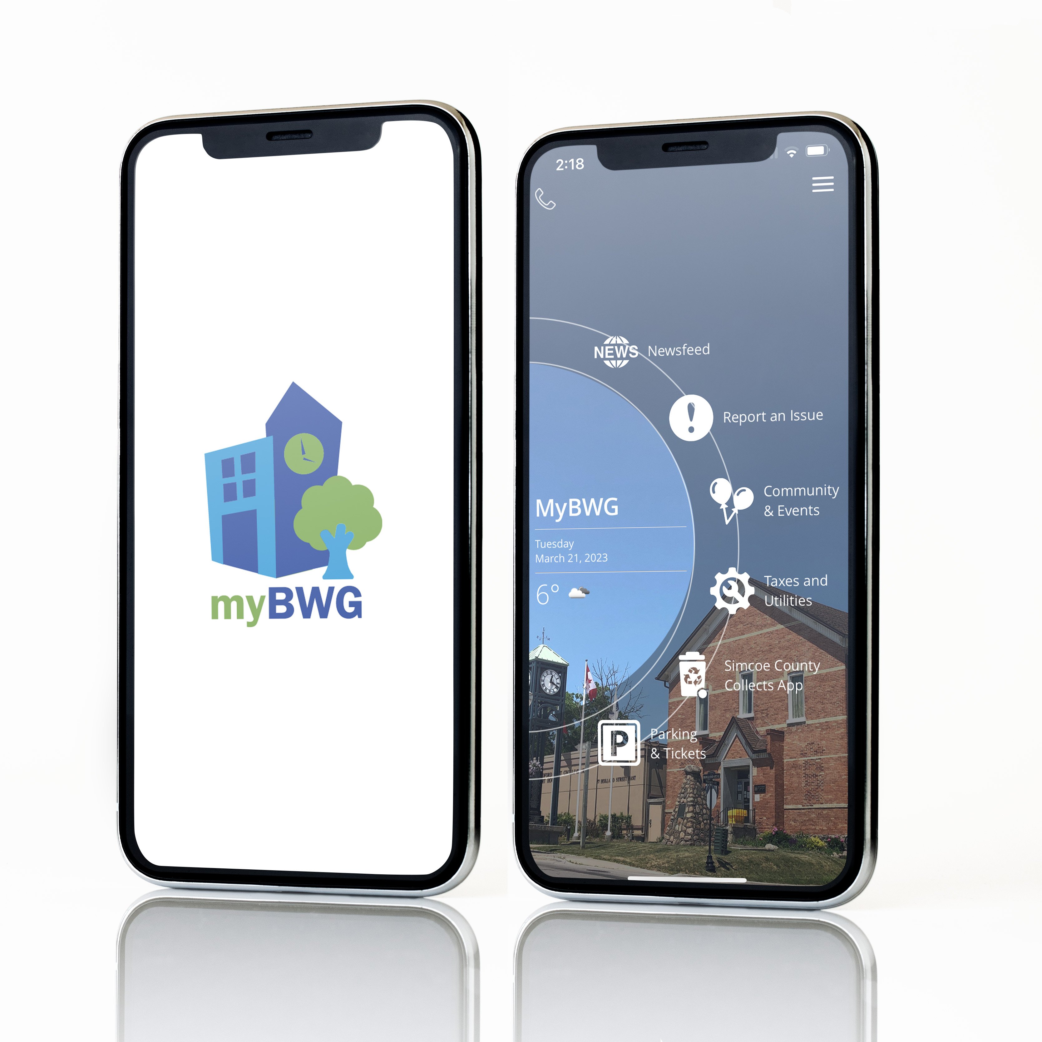 Two smart phones side by side, displaying the myBWG app