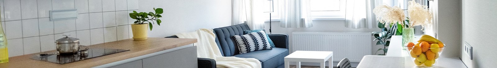 View of the kitchen and living room in an apartment.