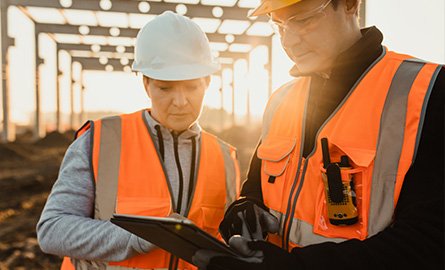 Engineers reviewing information on their tablet at a construction site