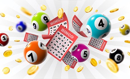 Bingo winner background with lottery tickets, balls and gold coins.