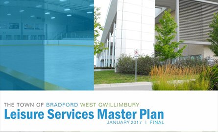 Snapshot of Leisure Services Master Plan cover, featuring photo of Leisure Centre ice rink and exterior building