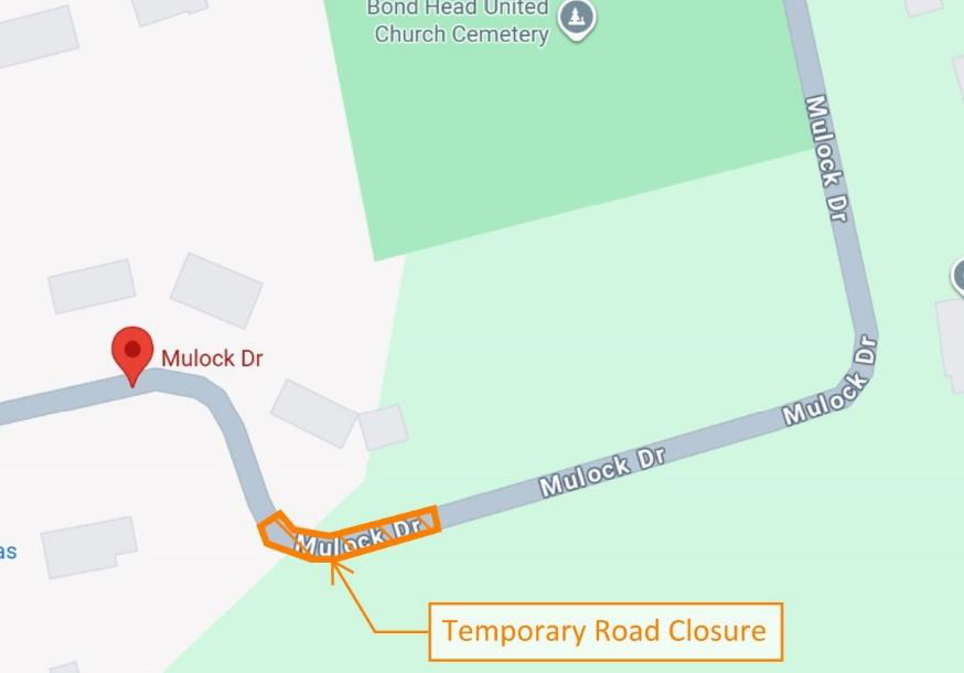 road closure map for mulock drive in bond head