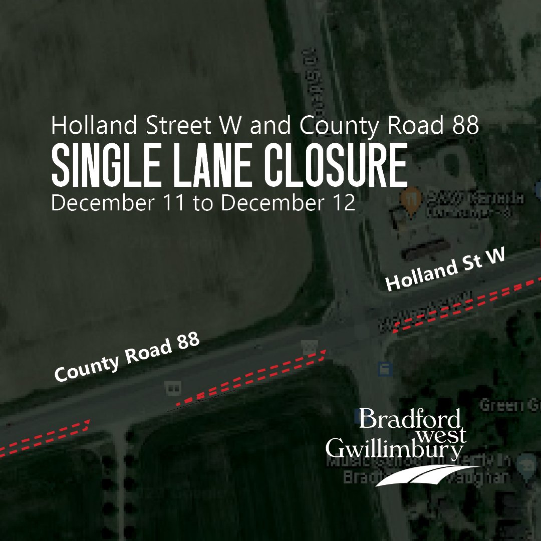 Map of Holland Street W and County Road 88 single right lane closure from November 27 to 30.