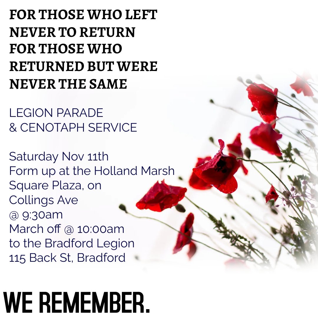 Bradford Legion Remembrance Day graphic inviting the public to the Legion Parade and Cenotaph Service on Saturday November 11 