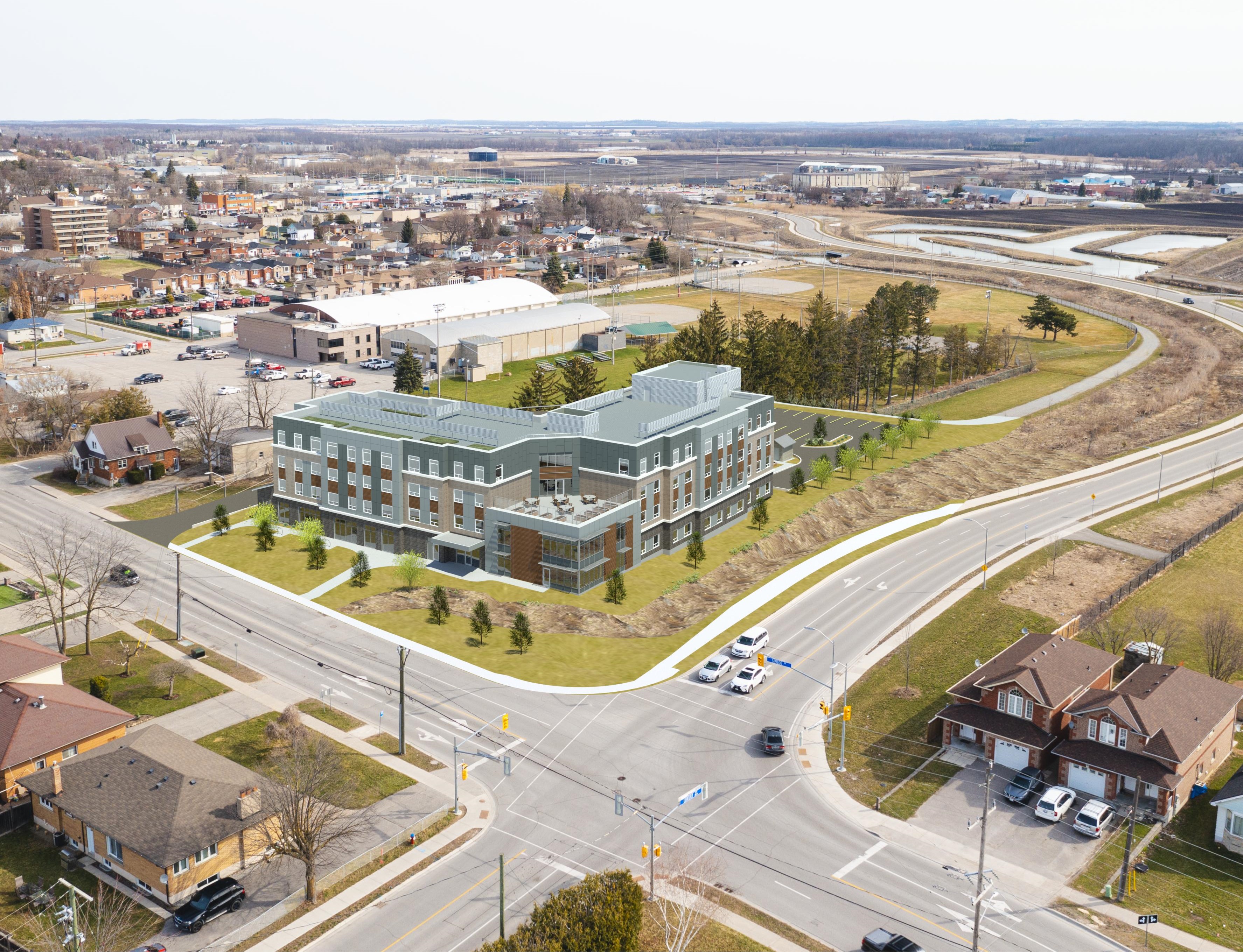 Aerial view of corner of Simcoe Road and Marshview Boulevard, the location of the new affordable housing project