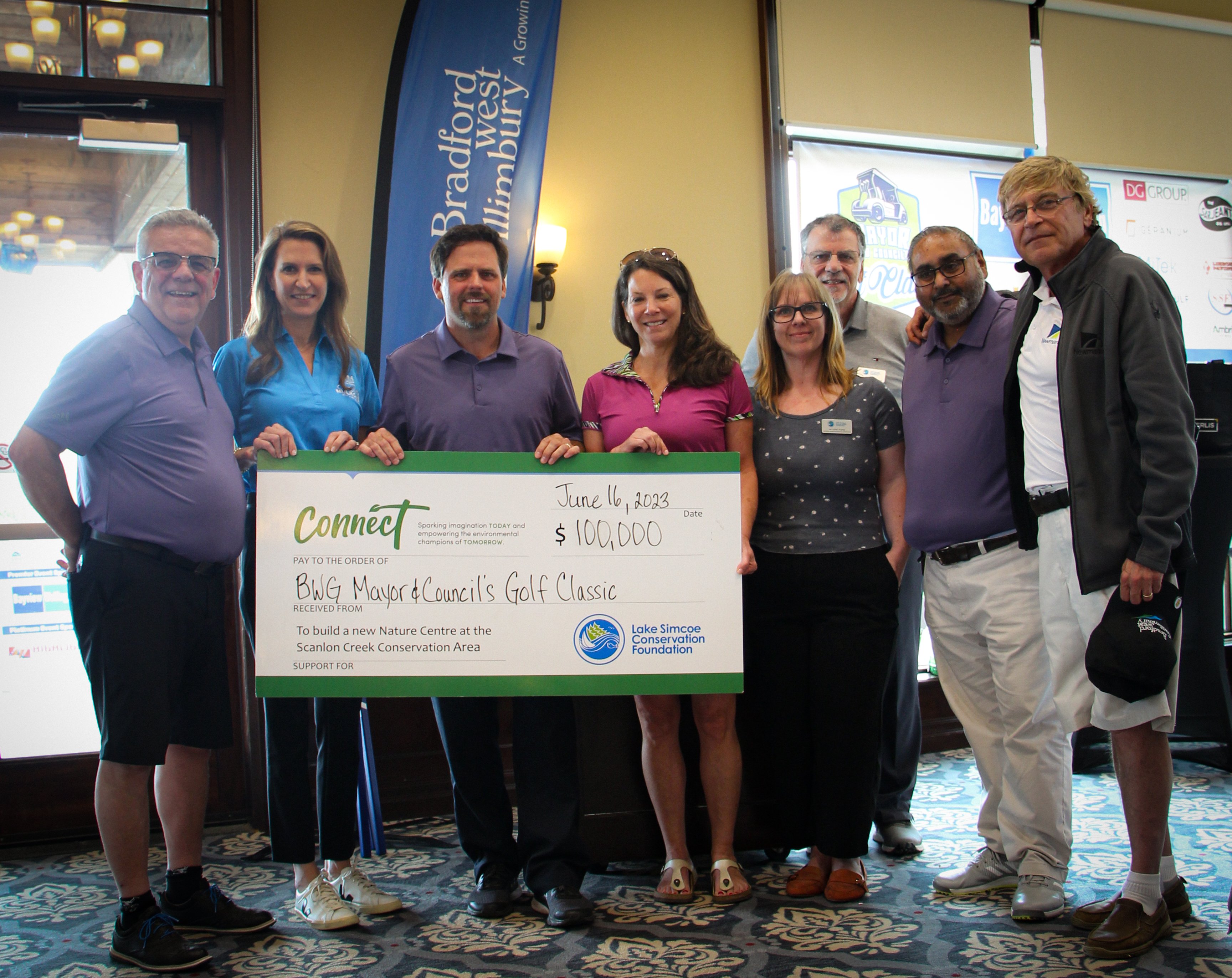 BWG Council members and MPP Caroline Mulroney presenting cheque of $100,000 to the Lake Simcoe Conservation Foundation for their Connect campaign