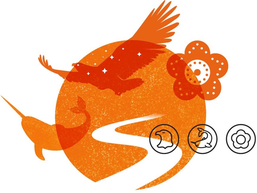 Orange artwork showing an eagle, a narwhal, a beaded flower, a circle and a winding path.