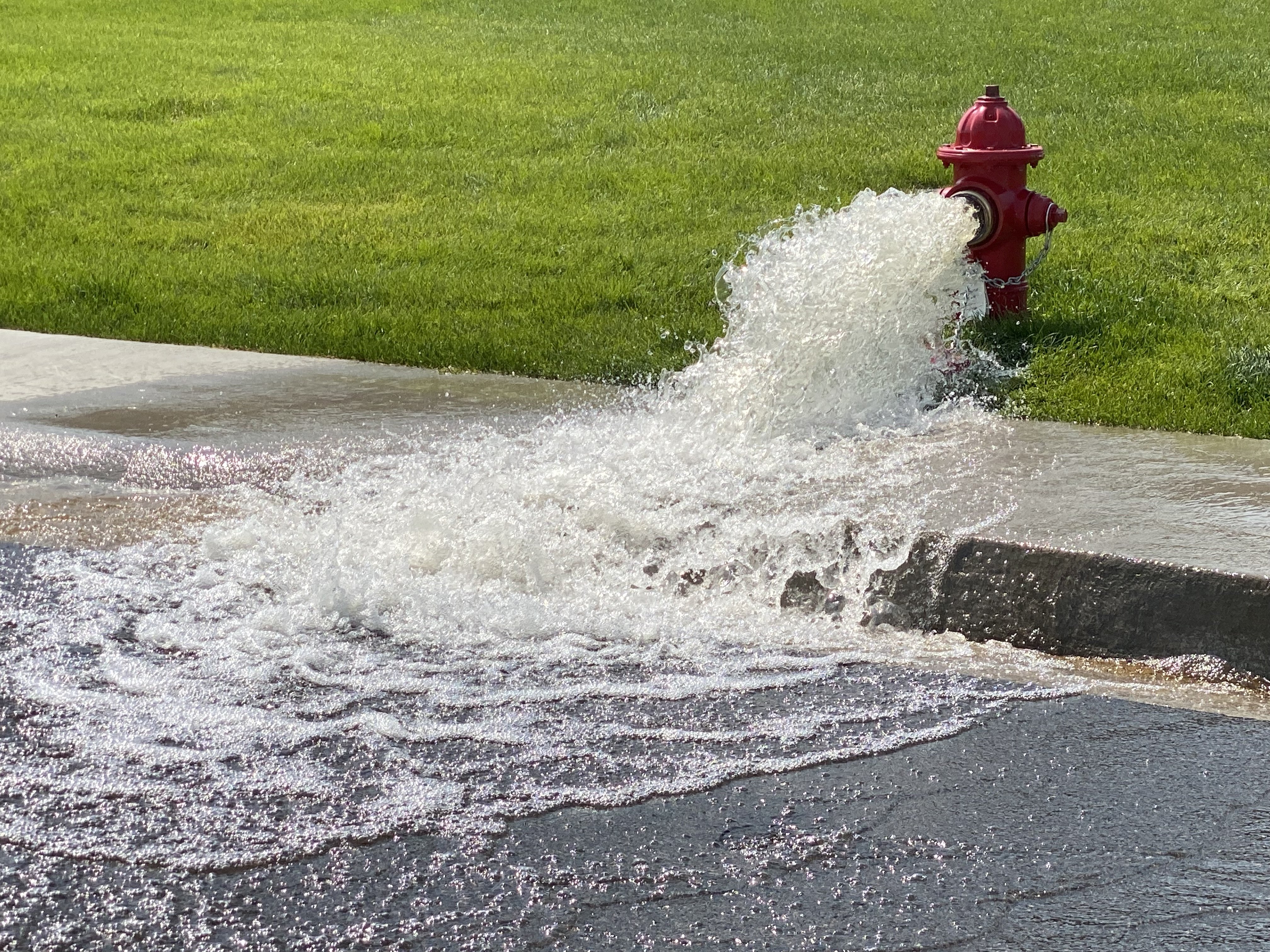 Hydrant being flushed out, water flowing from a hydrant onto a roadway