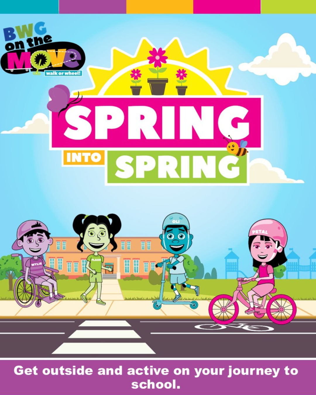 spring into spring advertisement with characters on bikes and scooters outside of a school