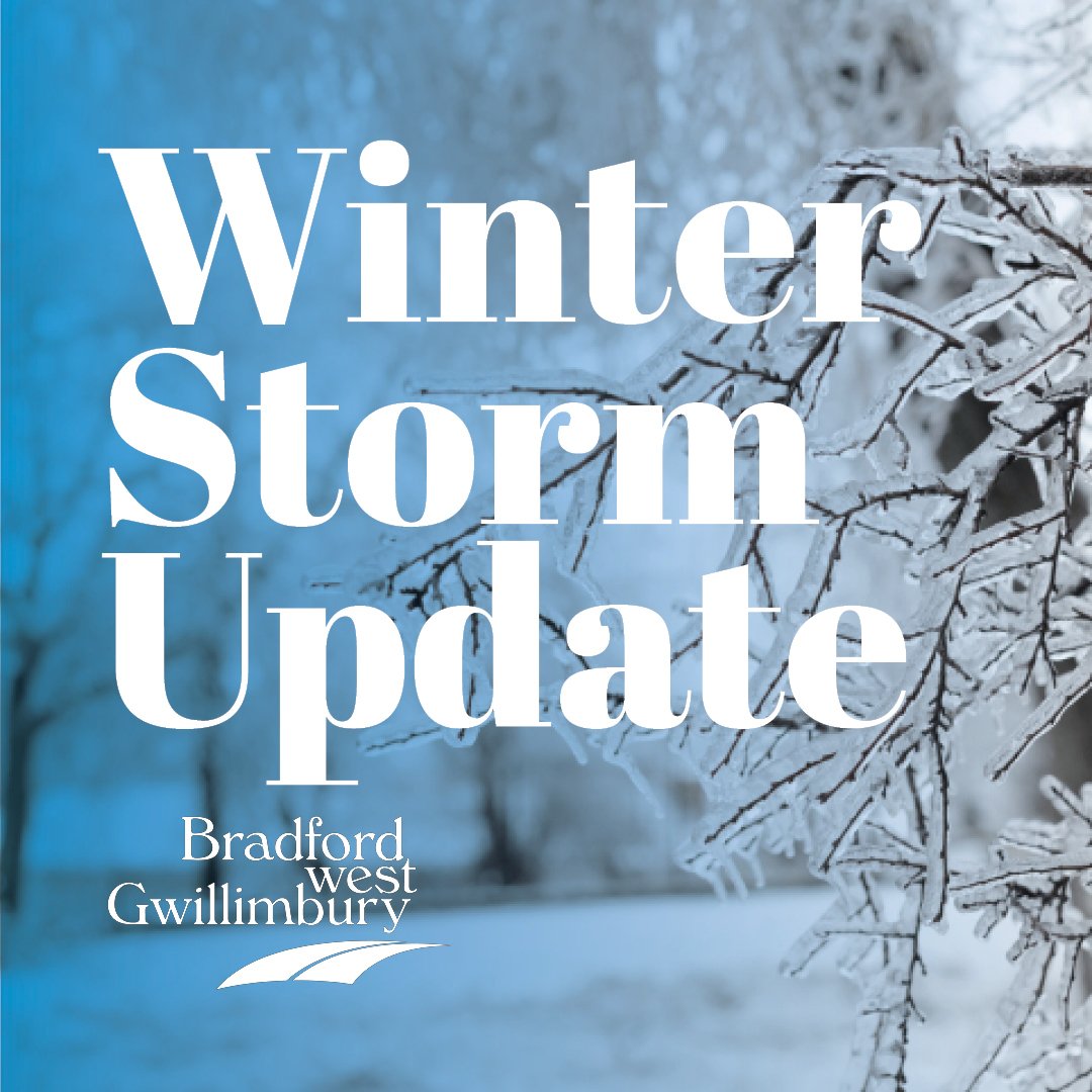 Frozen tree branches with overlay text reading "Winter Strom Update"