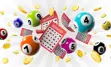 Bingo winner background with lottery tickets, balls and gold coins.