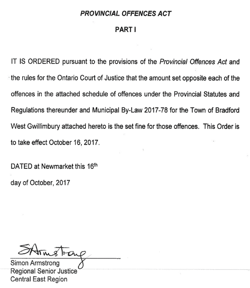 Letter of when Provincial Offences Act Part 1-enacted November 16, 2017